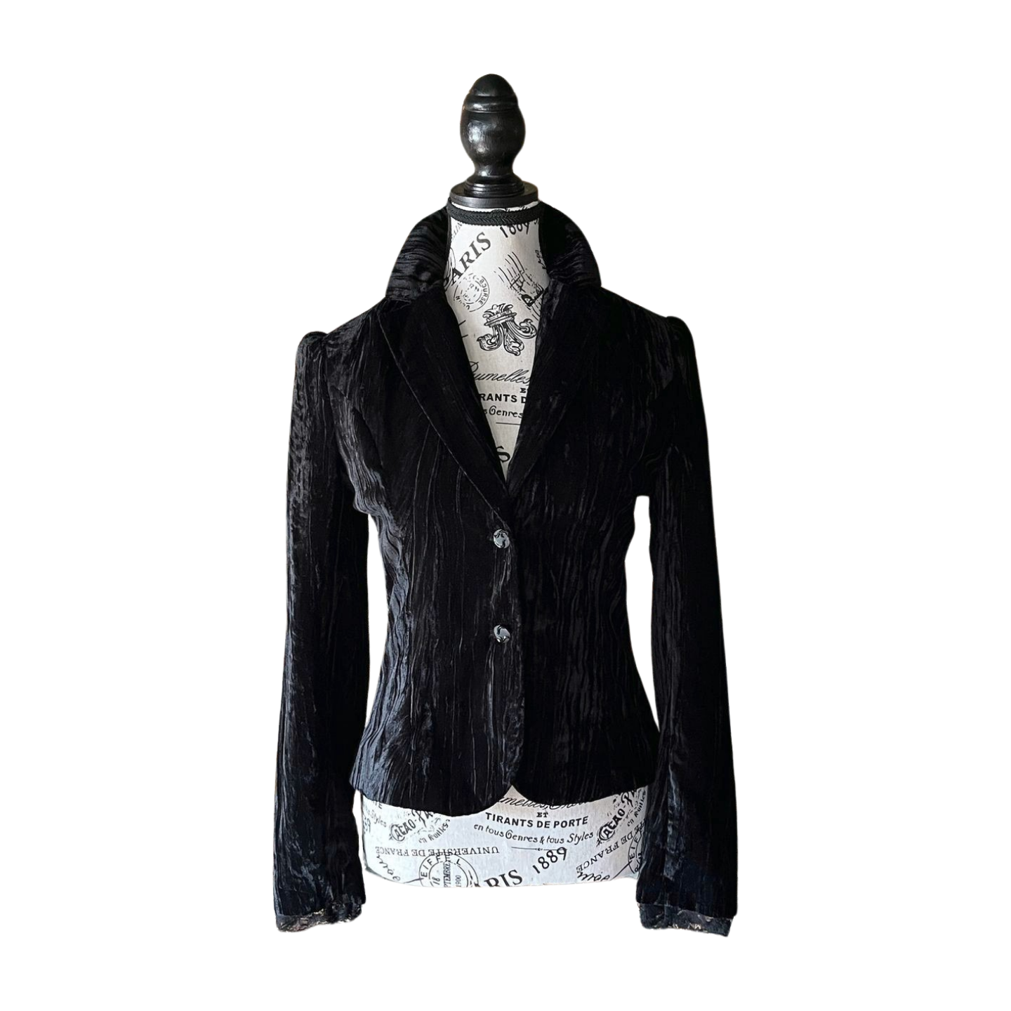 Vintage Black Velvet Blazer with Lace Trim — 1990s/2000s Gothic Tailored Jacket, S