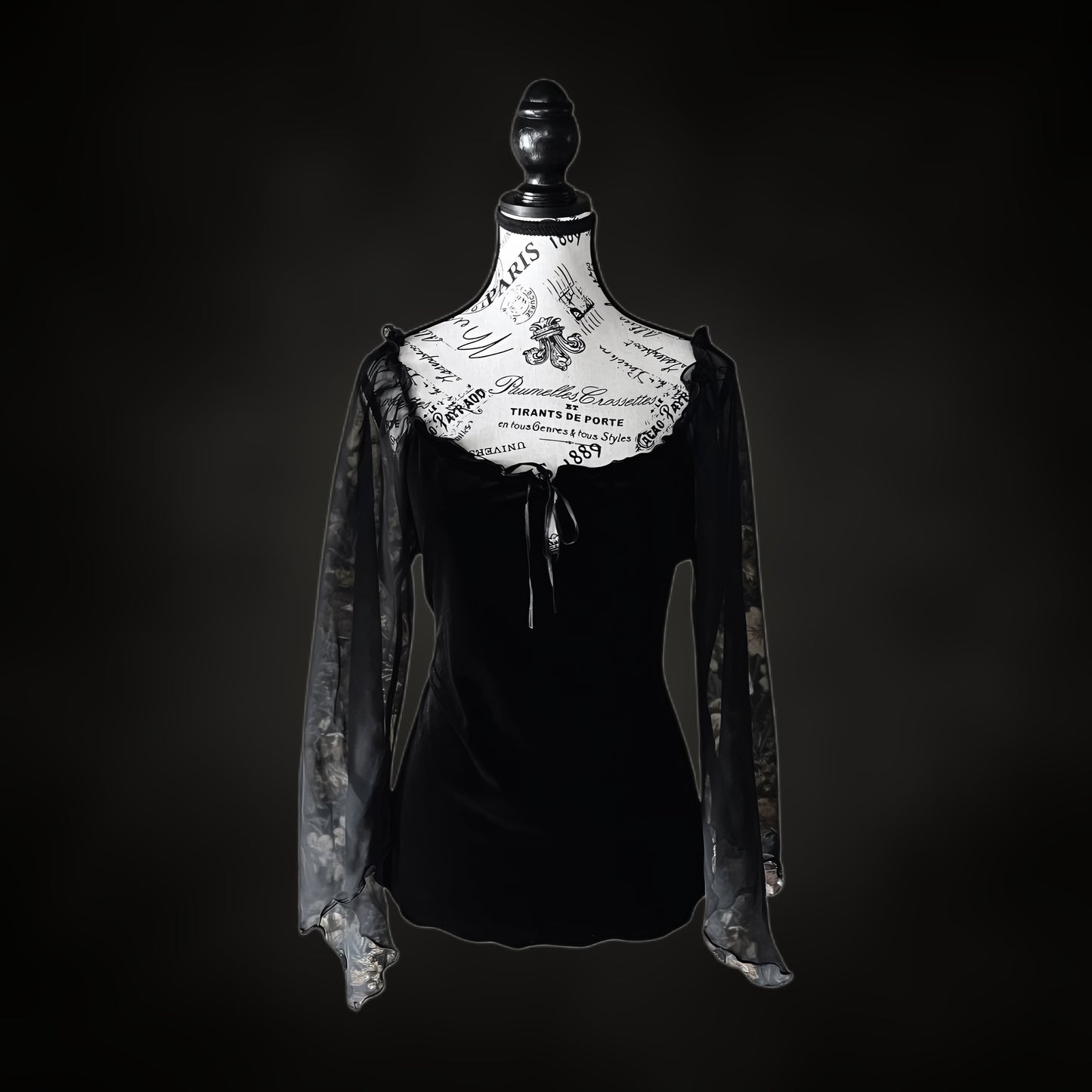 Black Velvet Top with Sheer Bell Sleeves — 1990s, L-XL