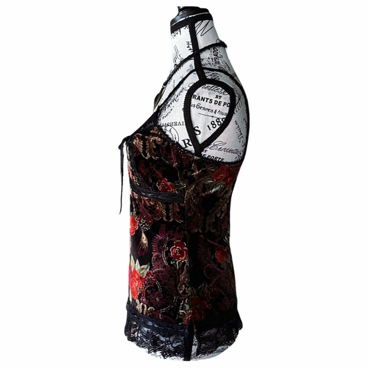 Vintage Black And RedVelvet Camisole with Gothic Rose Motif — Y2K — S