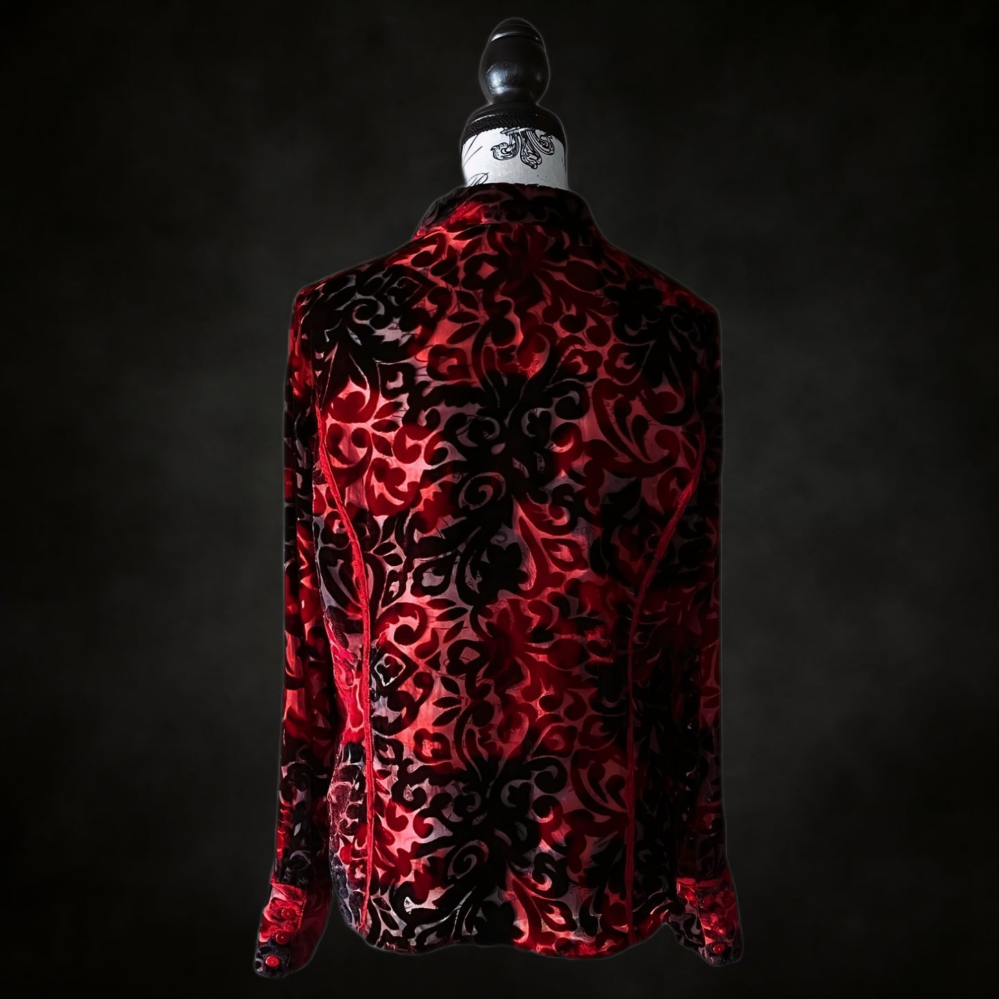 Vintage Black & Red Velvet Burnout Sheer Blouse — 1990s Gothic Mesh Top, M