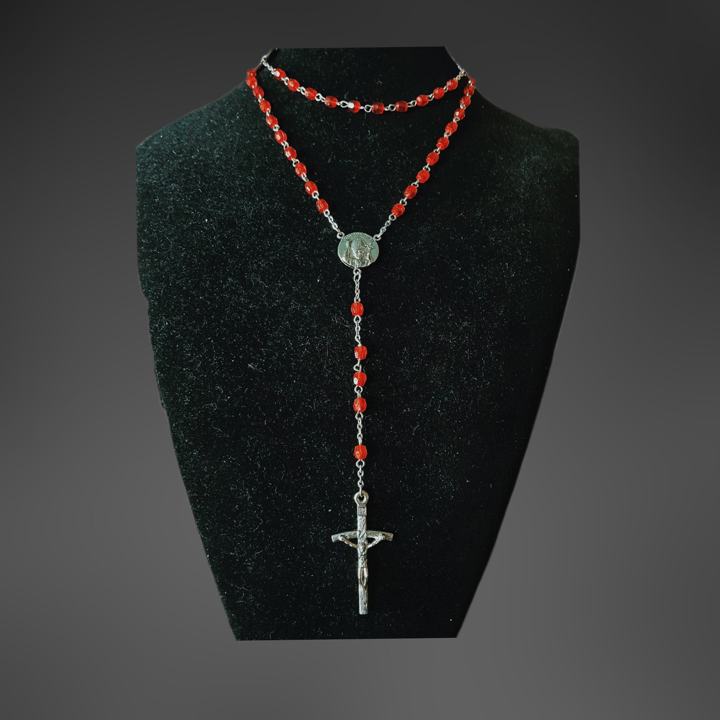 Vintage Red Bead Rosary Necklace — Silver Crucifix & Sacred Medal Gothic Jewelry