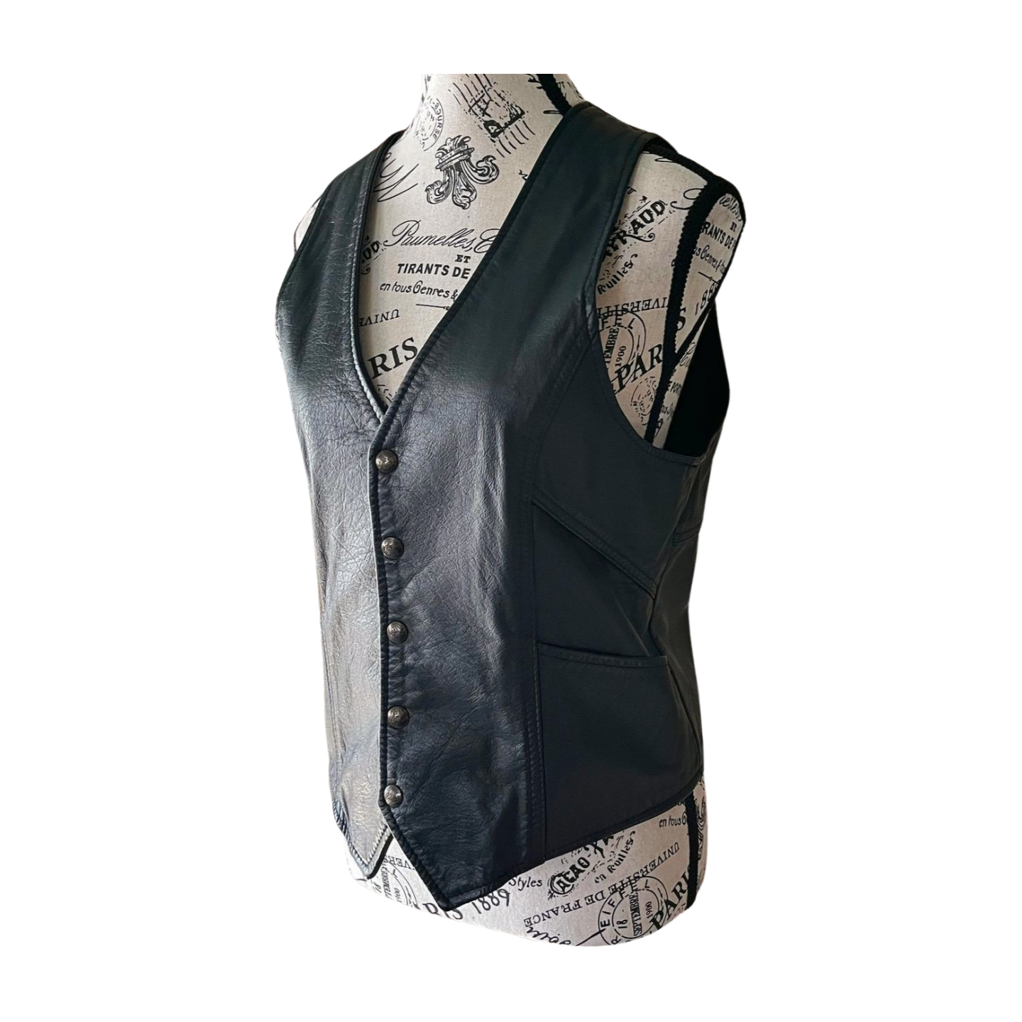 Vintage Black Leather Vest — 1980s Gothic Biker, M-L