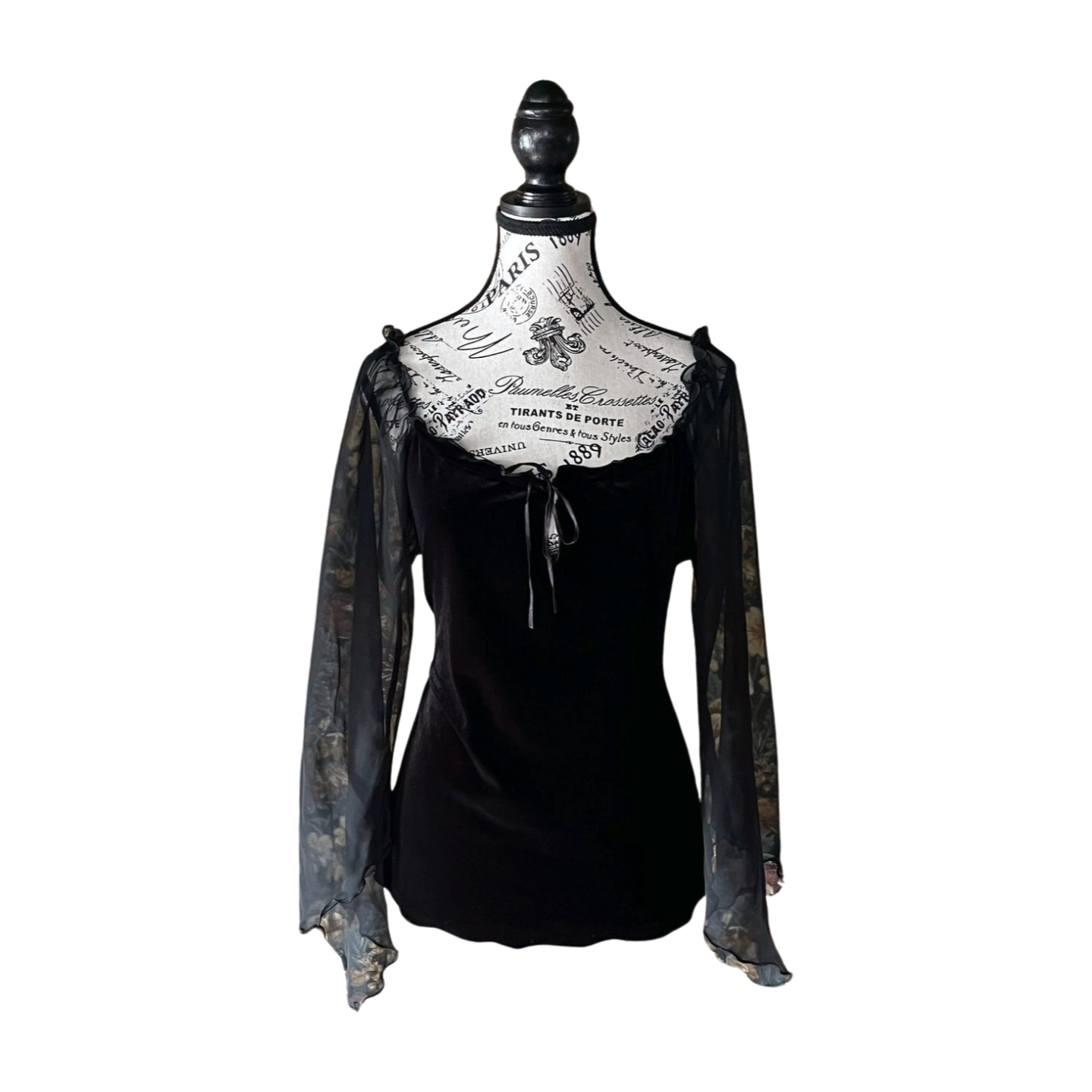 Black Velvet Top with Sheer Bell Sleeves — 1990s, L-XL