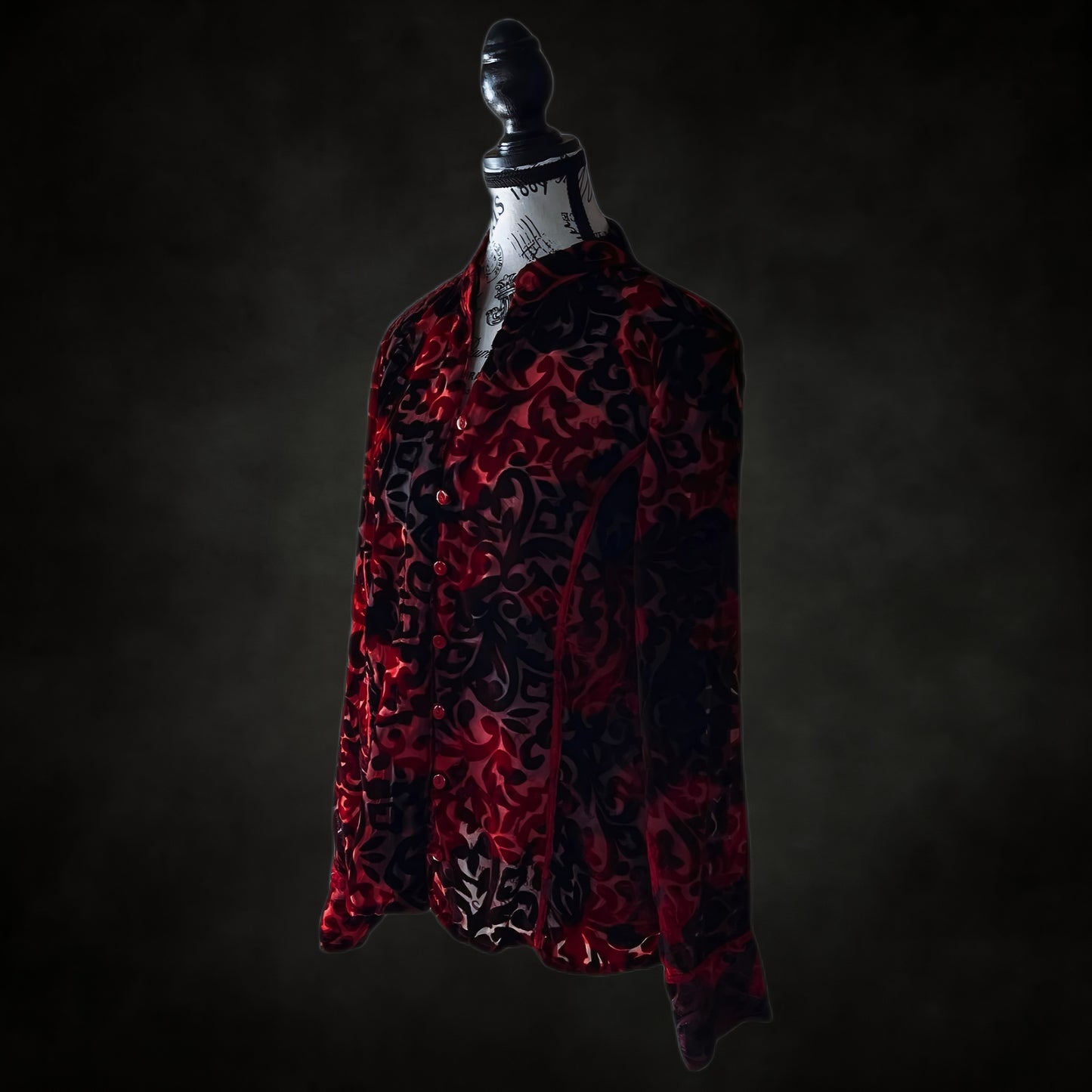Vintage Black & Red Velvet Burnout Sheer Blouse — 1990s Gothic Mesh Top, M