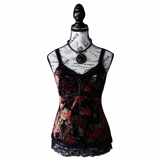 Vintage Black And RedVelvet Camisole with Gothic Rose Motif — Y2K — S
