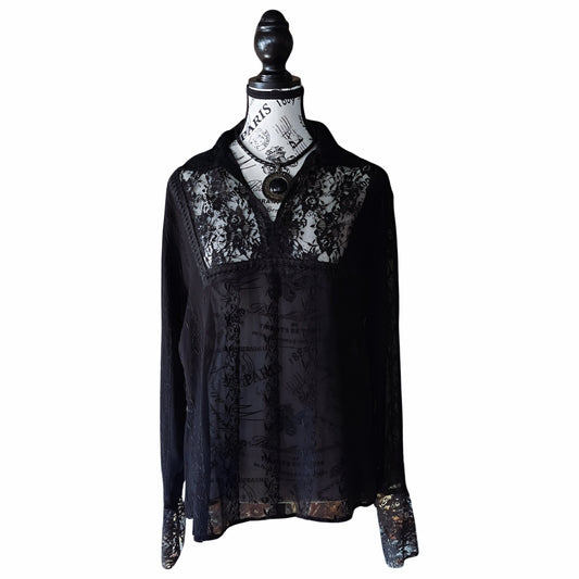 Tristan & Iseult Black Sheer Lace Blouse — 1990s — L