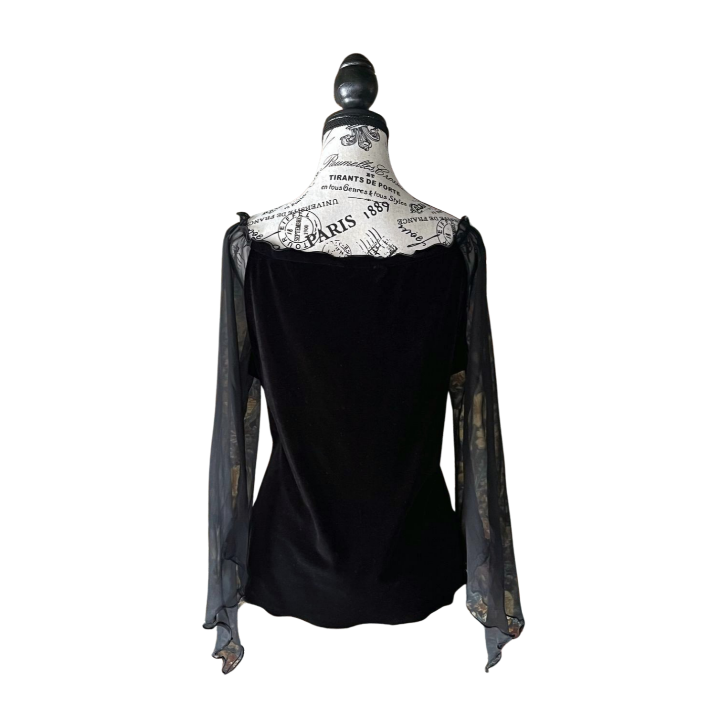Black Velvet Top with Sheer Bell Sleeves — 1990s, L-XL