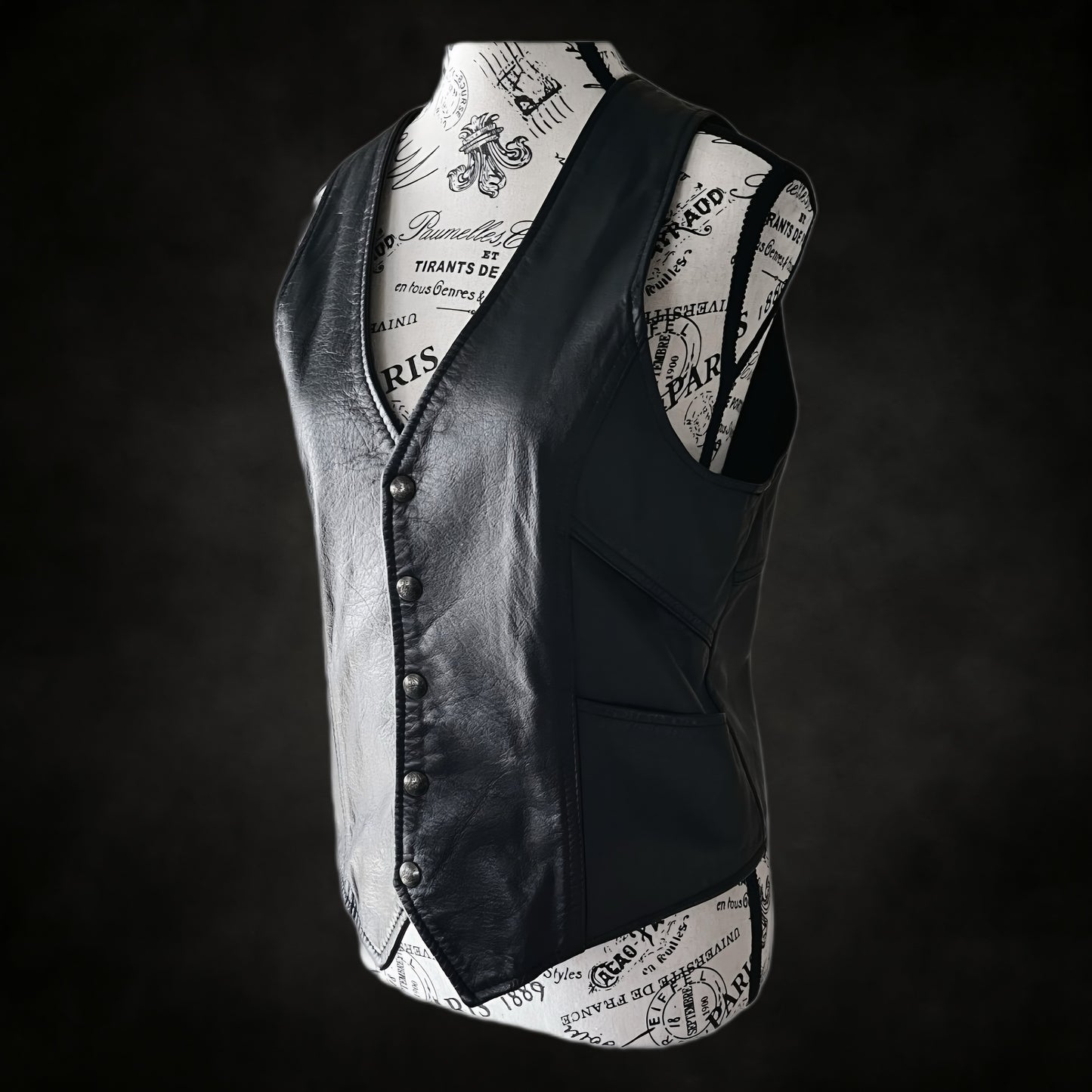 Vintage Black Leather Vest — 1980s Gothic Biker, M-L