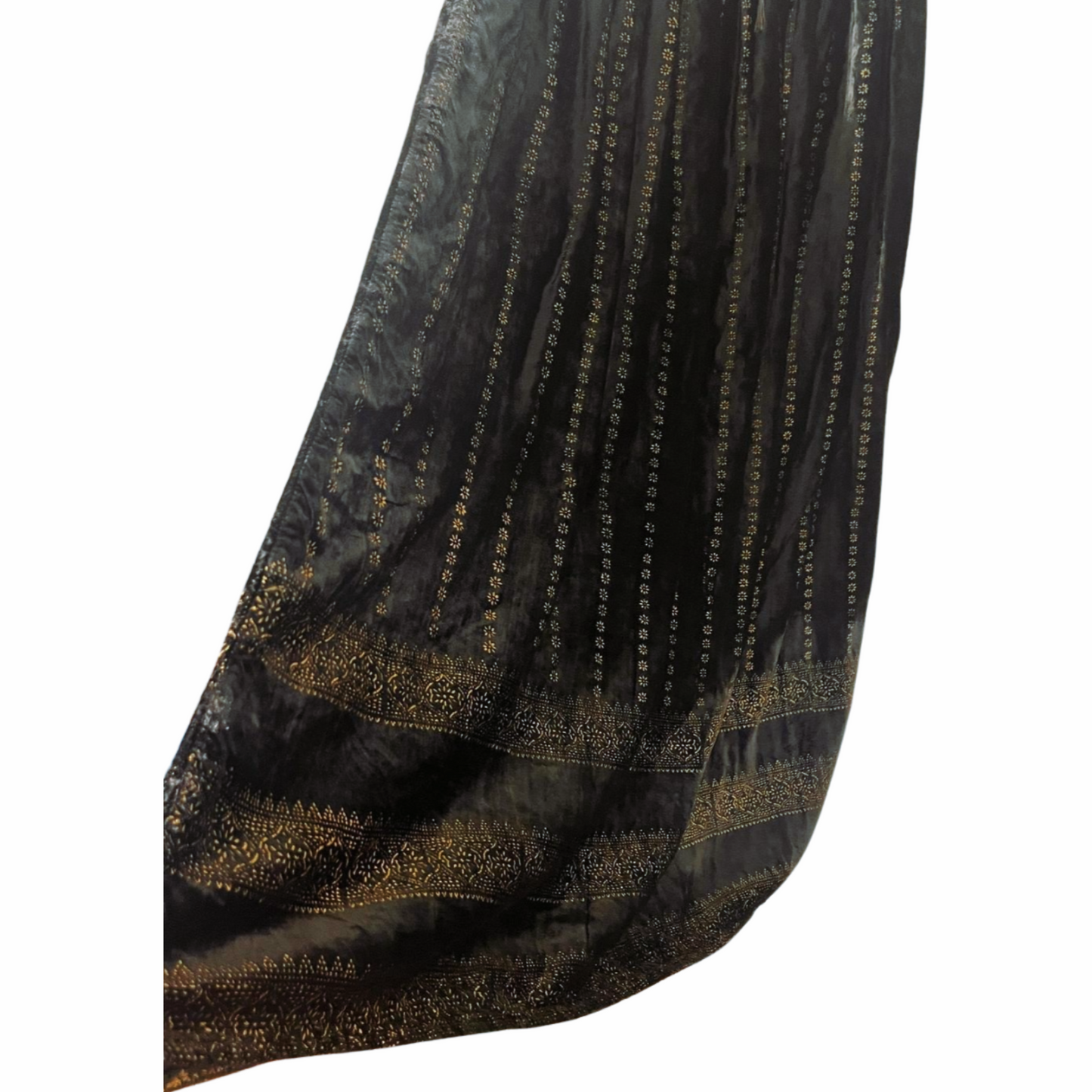 Black Velvet Maxi Broomstick Skirt With Golden Filigree Motifs , 1990s, Size L XL
