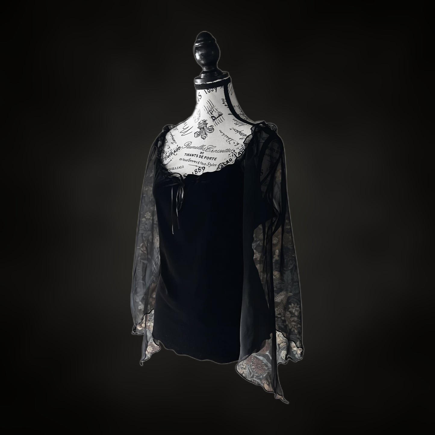 Black Velvet Top with Sheer Bell Sleeves — 1990s, L-XL