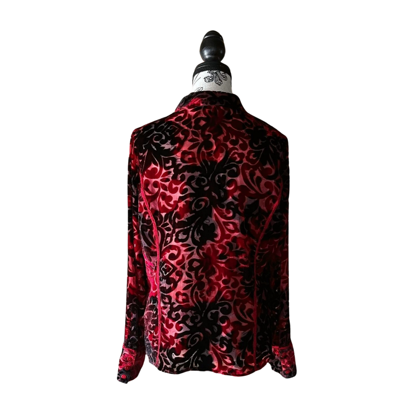 Vintage Black & Red Velvet Burnout Sheer Blouse — 1990s Gothic Mesh Top, M