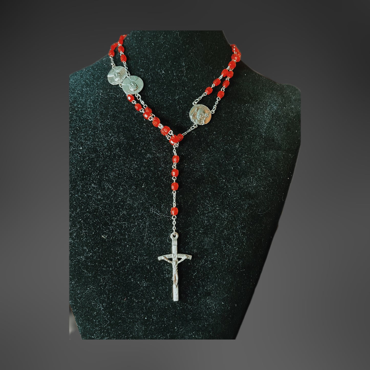 Vintage Red Bead Rosary Necklace — Silver Crucifix & Sacred Medal Gothic Jewelry