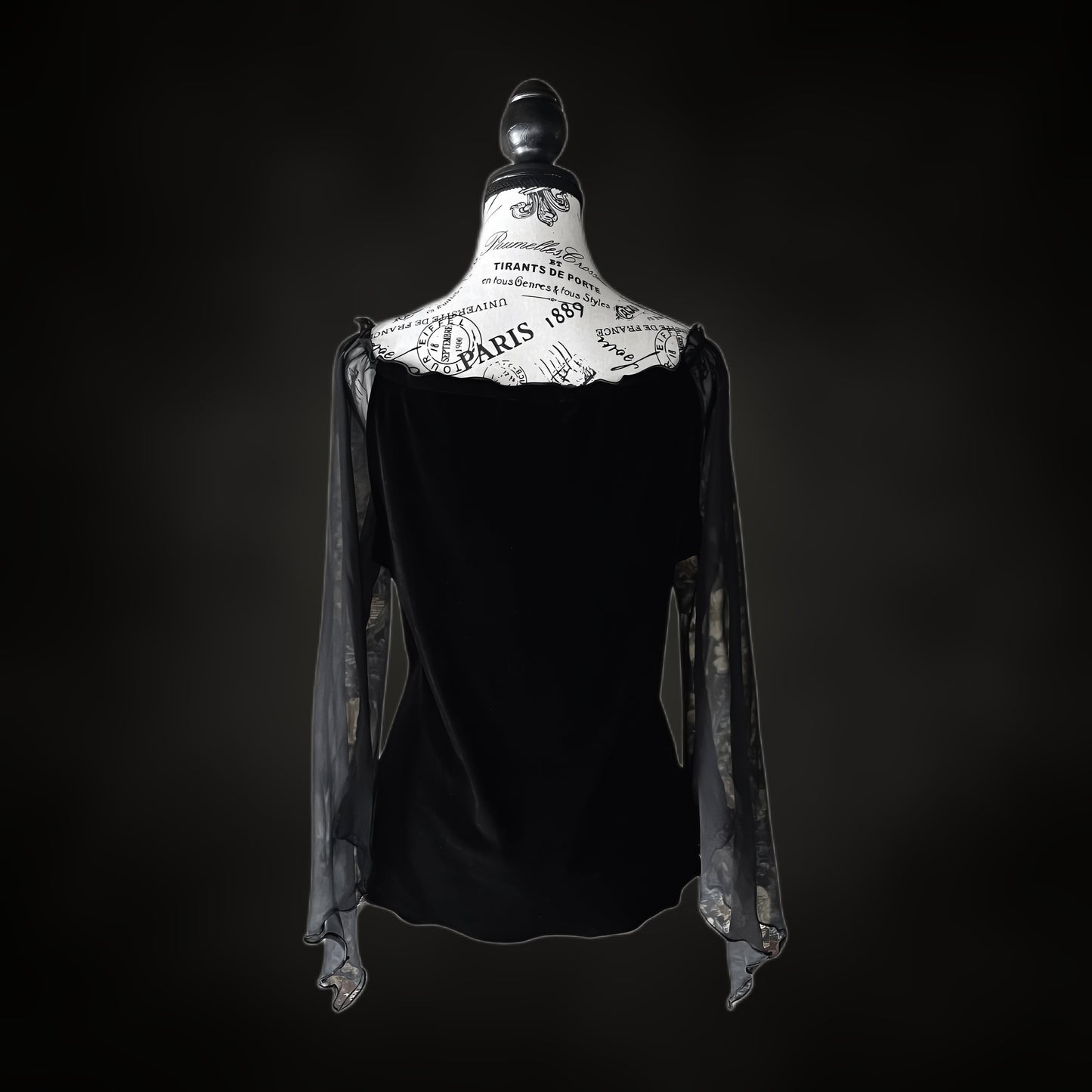Black Velvet Top with Sheer Bell Sleeves — 1990s, L-XL