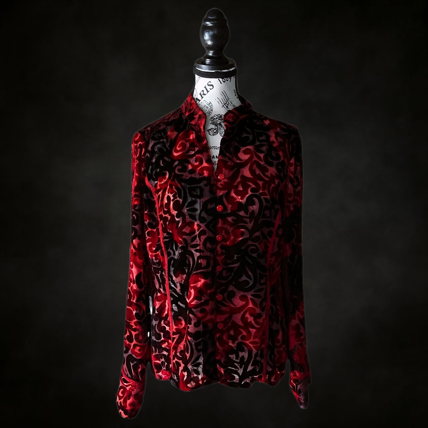 Vintage Black & Red Velvet Burnout Sheer Blouse — 1990s Gothic Mesh Top, M