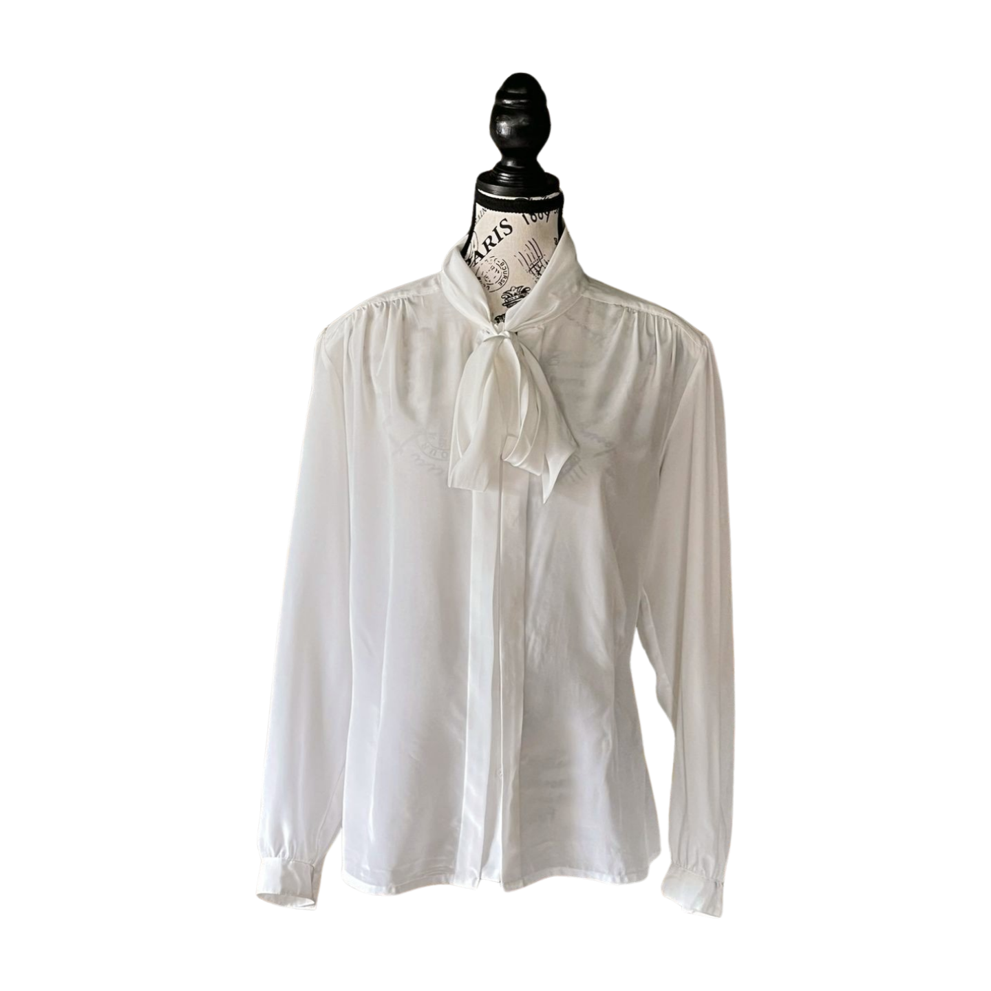 Vintage White Pussybow Blouse — 1980s Romantic Gothic Poet Shirt, L-XL