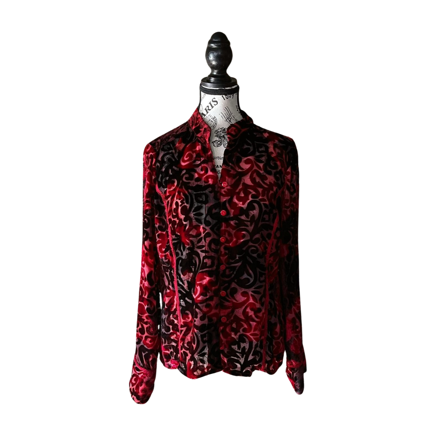 Vintage Black & Red Velvet Burnout Sheer Blouse — 1990s Gothic Mesh Top, M