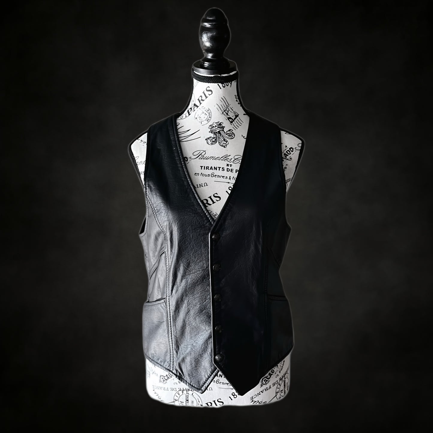 Vintage Black Leather Vest — 1980s Gothic Biker, M-L