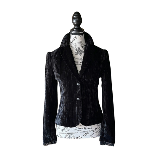 Vintage Black Velvet Blazer with Lace Trim — 1990s/2000s Gothic Tailored Jacket, S