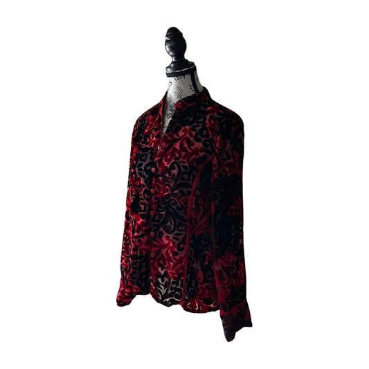 Vintage Black & Red Velvet Burnout Sheer Blouse — 1990s Gothic Mesh Top, M