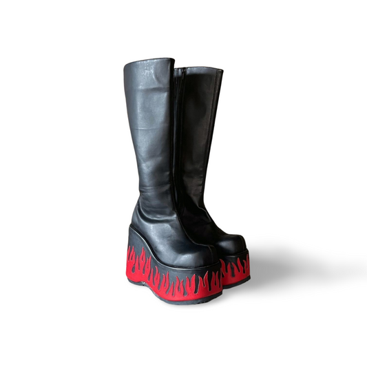 Demonia Flame Platform Boots – Black/Red – US 8