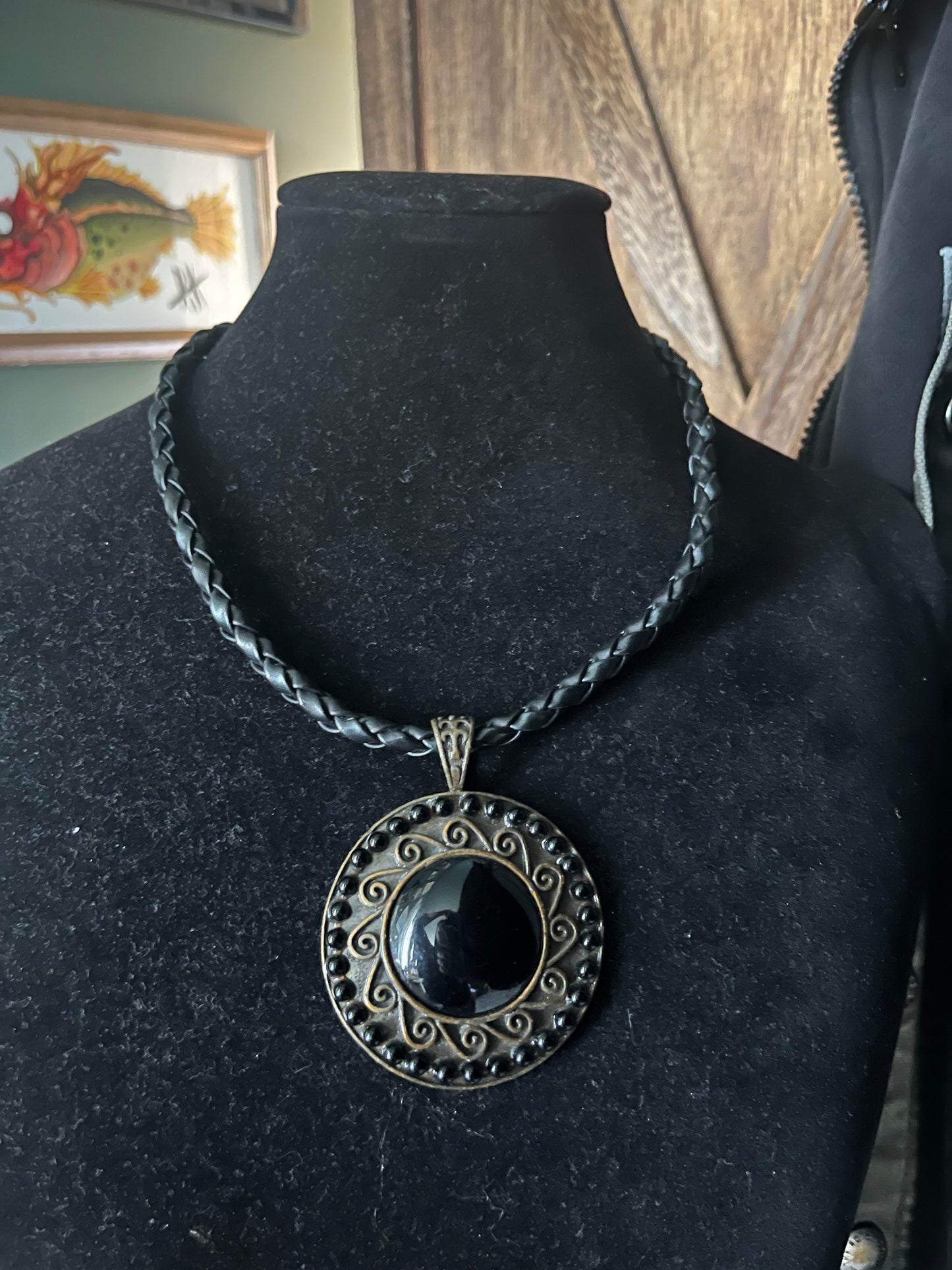 Obsidian Gate Pendant — Gothic Medallion Necklace — Black Stone on Braided Cord