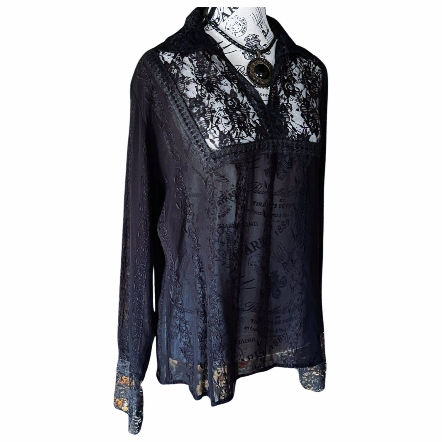 Tristan & Iseult Black Sheer Lace Blouse — 1990s — L