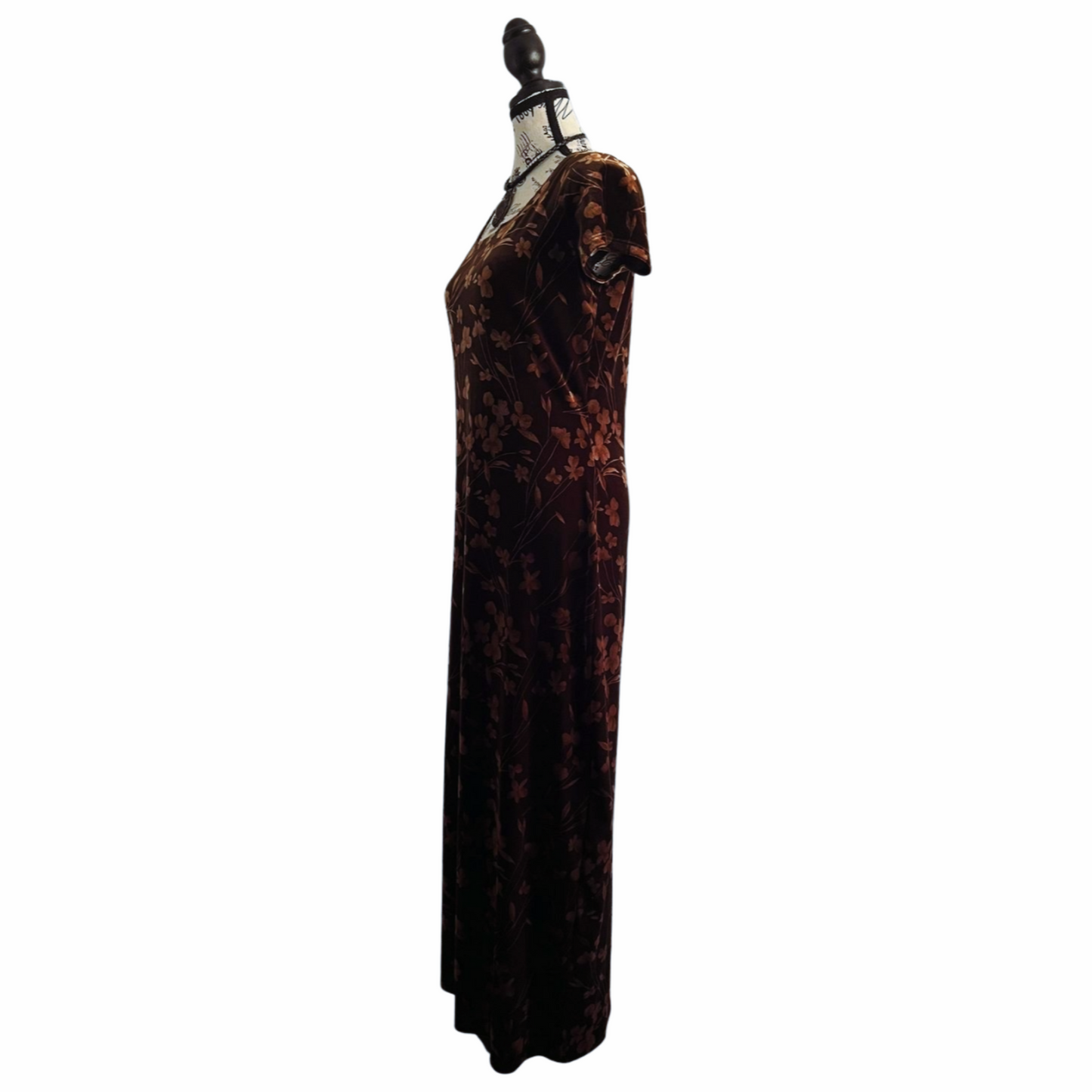 Brown Velvet Shadowflower Maxi Dress — 1990s — M-L