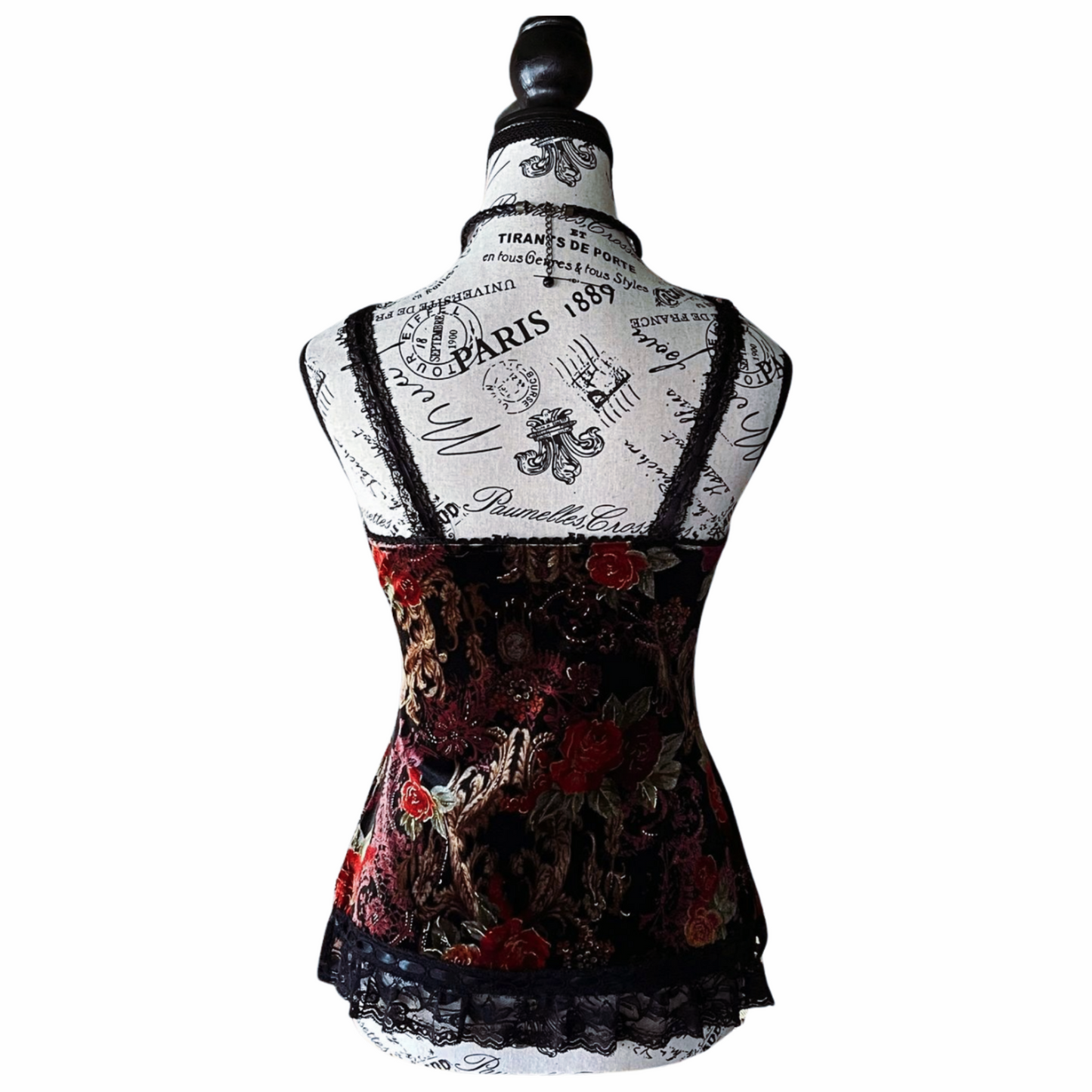 Vintage Black And RedVelvet Camisole with Gothic Rose Motif — Y2K — S