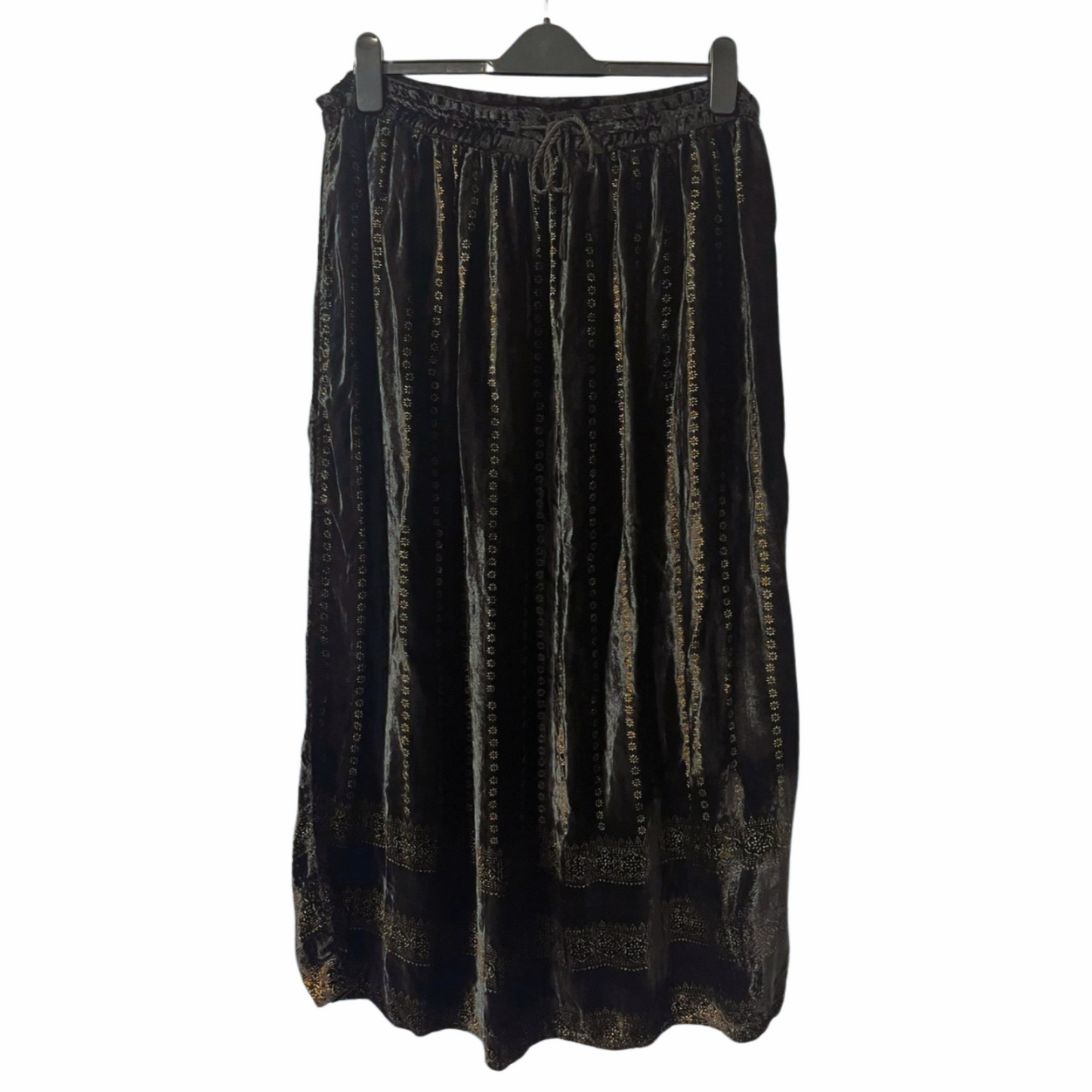 Black Velvet Maxi Broomstick Skirt With Golden Filigree Motifs , 1990s, Size L XL
