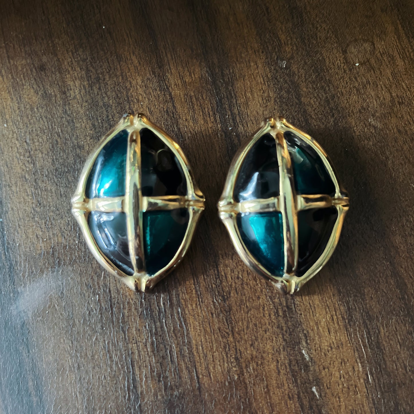 Emerald Cathedral Clip Earrings — Late 1980s Gold Tone Enamel