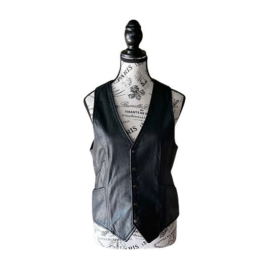 Vintage Black Leather Vest — 1980s Gothic Biker, M-L
