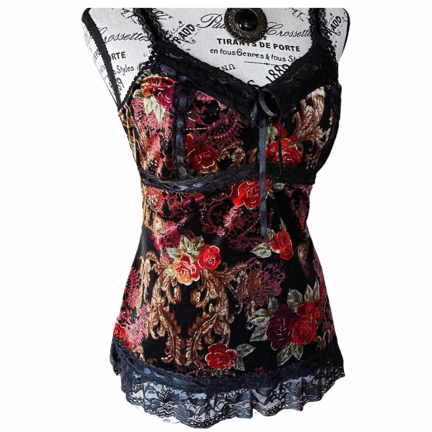 Vintage Black And RedVelvet Camisole with Gothic Rose Motif — Y2K — S