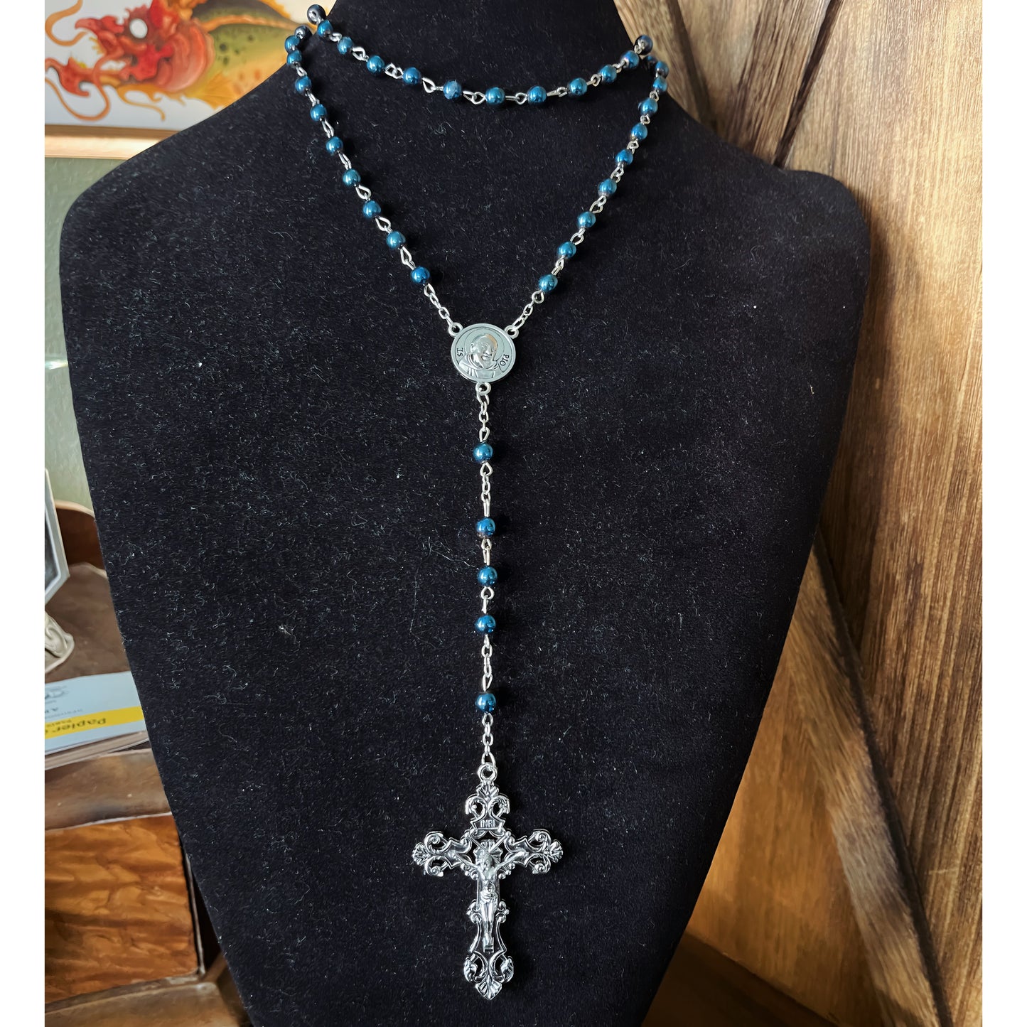 Blue Metal Bead Rosary Necklace — Ornate Silver Crucifix — 1990s Gothic