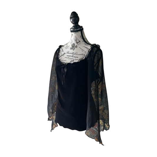 Black Velvet Top with Sheer Bell Sleeves — 1990s, L-XL