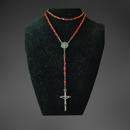 Vintage Red Bead Rosary Necklace — Silver Crucifix & Sacred Medal Gothic Jewelry