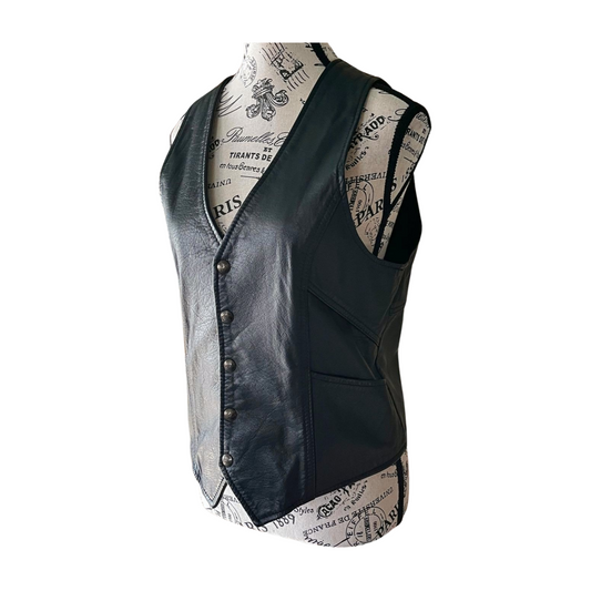 Vintage Black Leather Vest — 1980s Gothic Biker, M-L
