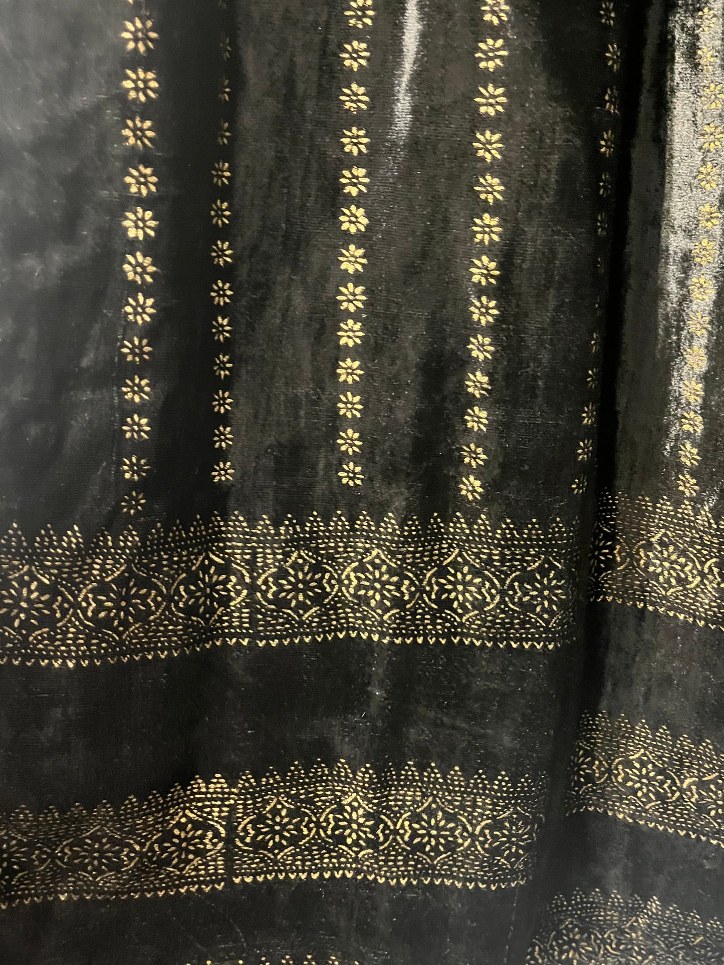 Black Velvet Maxi Broomstick Skirt With Golden Filigree Motifs , 1990s, Size L XL