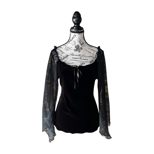 Black Velvet Top with Sheer Bell Sleeves — 1990s, L-XL