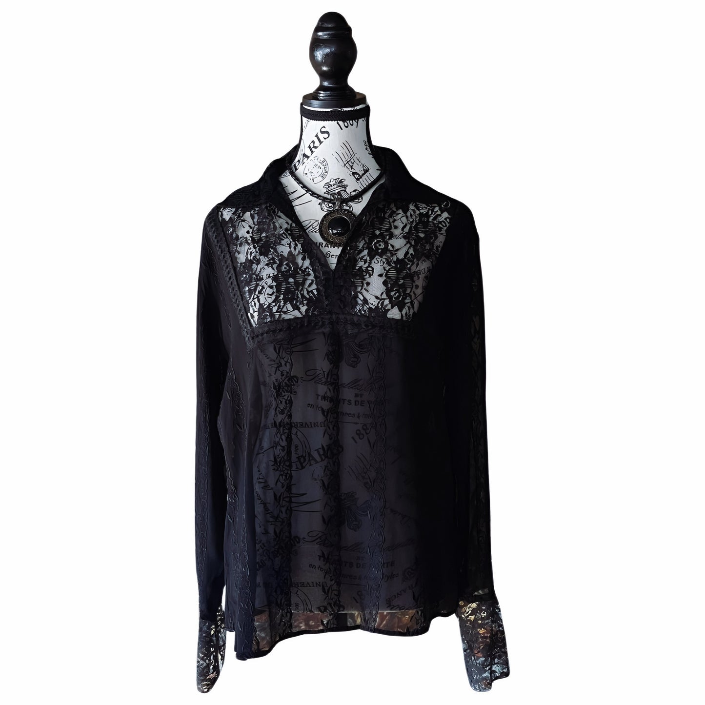 Tristan & Iseult Black Sheer Lace Blouse — 1990s — L