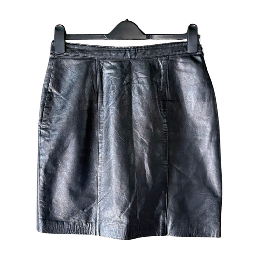 Vintage Black Leather Skirt — 1980s/1990s High-Waist Gothic Rock Midi, S-M