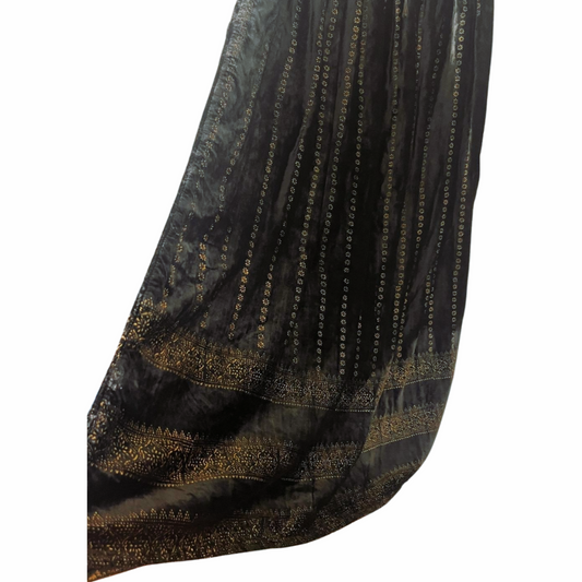 Black Velvet Maxi Broomstick Skirt With Golden Filigree Motifs , 1990s, Size L XL
