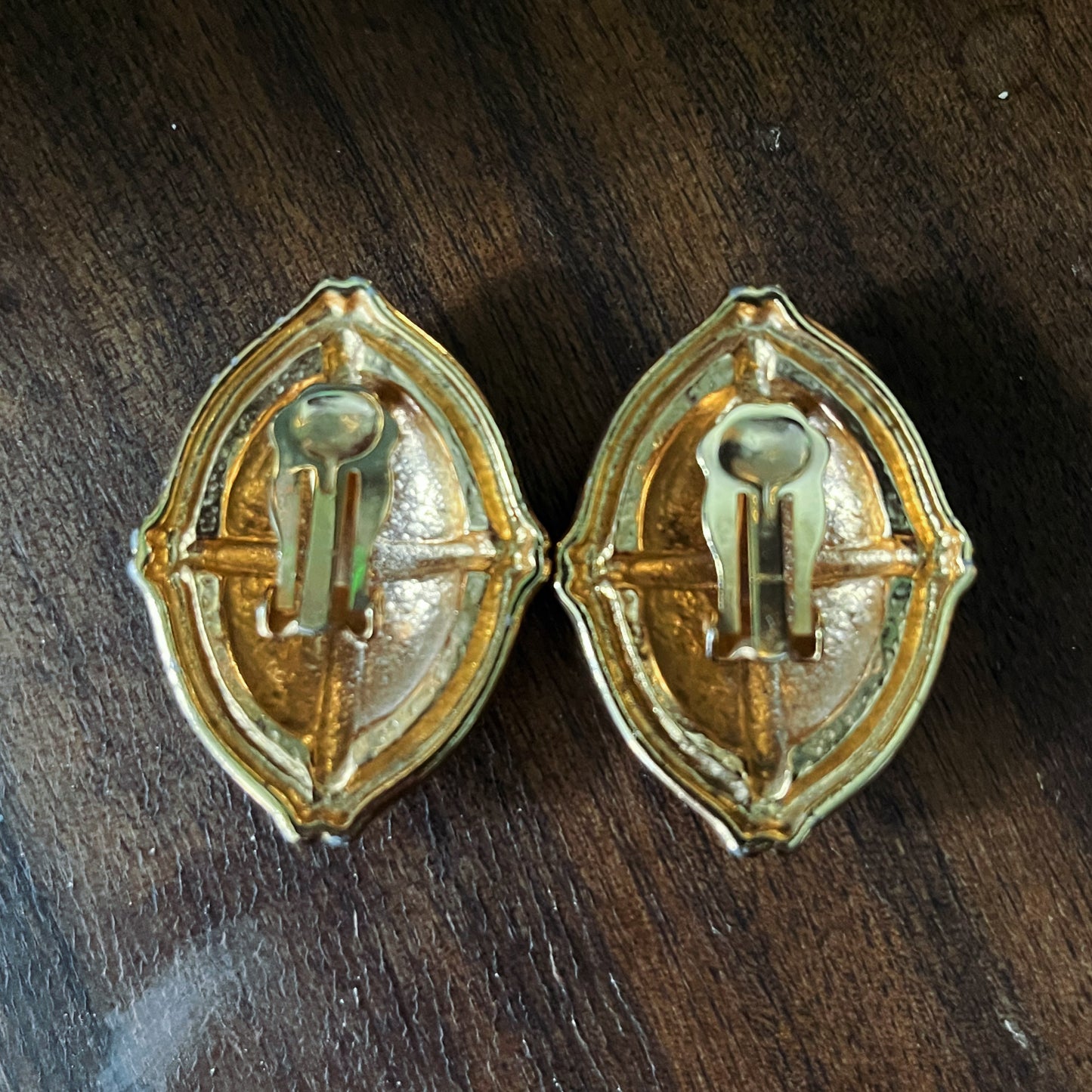 Emerald Cathedral Clip Earrings — Late 1980s Gold Tone Enamel