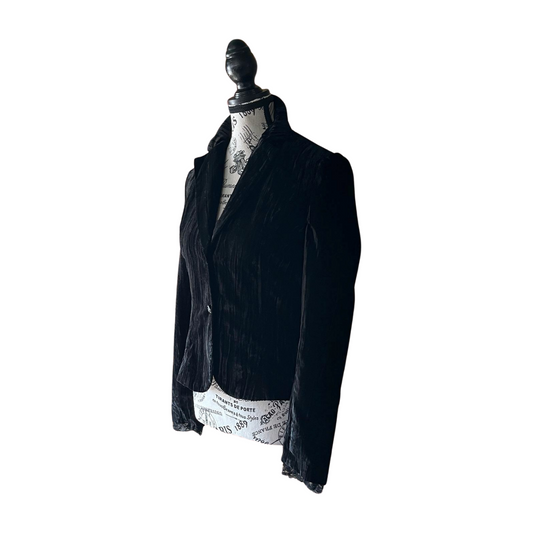 Vintage Black Velvet Blazer with Lace Trim — 1990s/2000s Gothic Tailored Jacket, S