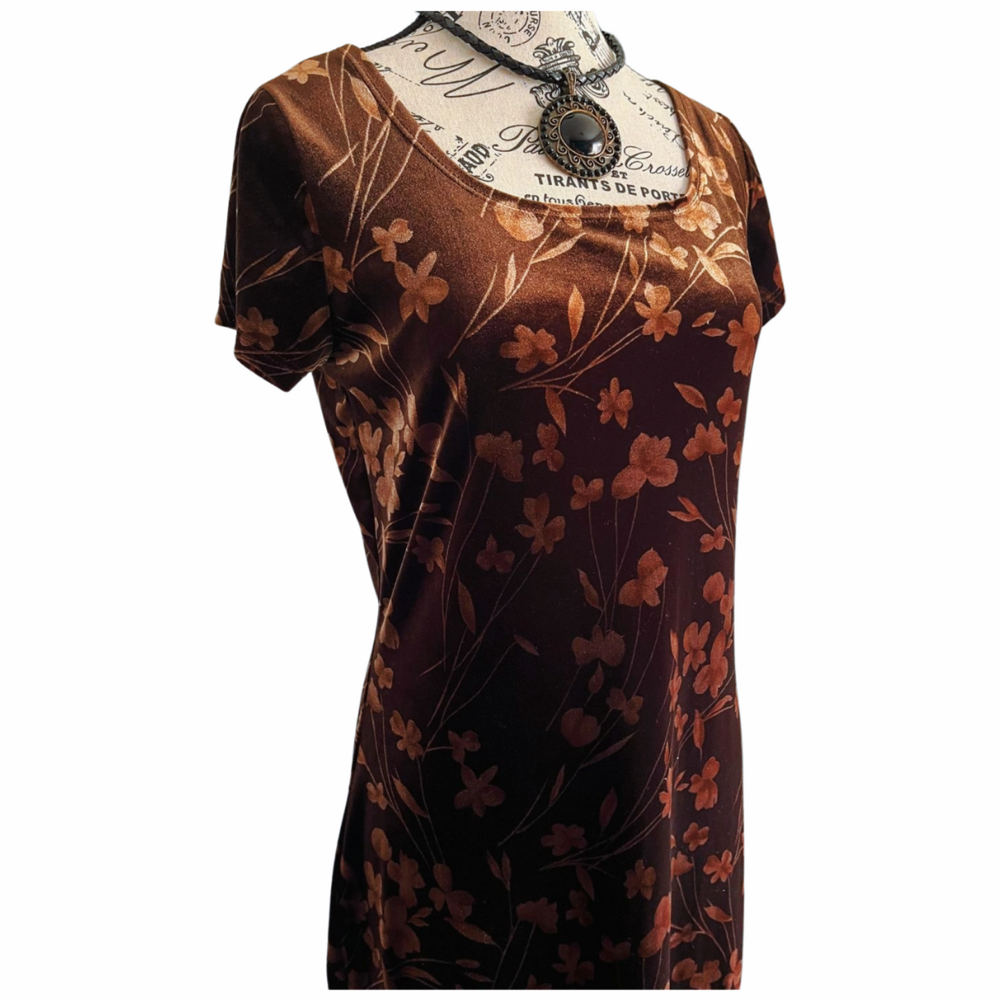 Brown Velvet Shadowflower Maxi Dress — 1990s — M-L