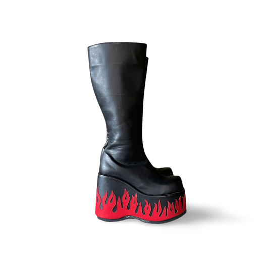 Demonia Flame Platform Boots – Black/Red – US 8