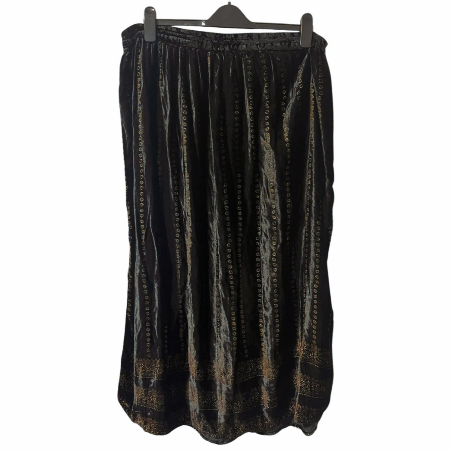 Black Velvet Maxi Broomstick Skirt With Golden Filigree Motifs , 1990s, Size L XL
