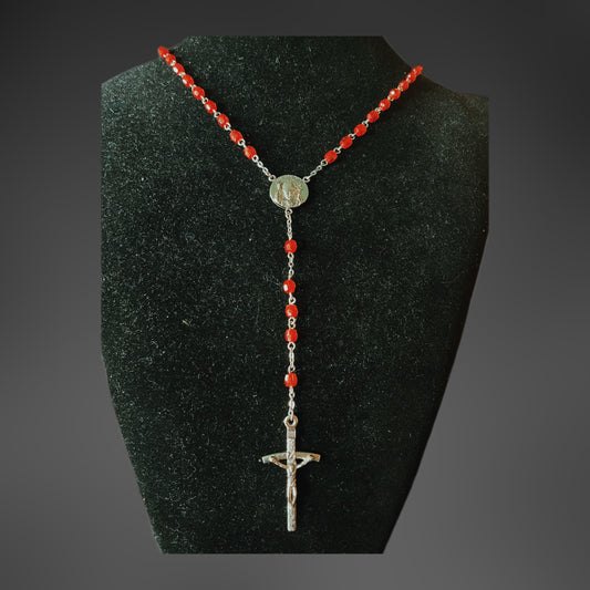 Vintage Red Bead Rosary Necklace — Silver Crucifix & Sacred Medal Gothic Jewelry