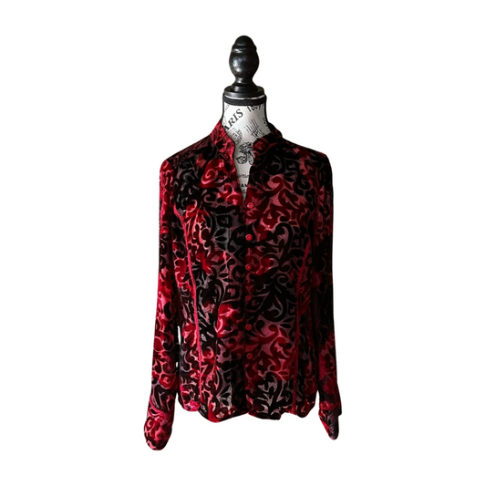 Vintage Black & Red Velvet Burnout Sheer Blouse — 1990s Gothic Mesh Top, M