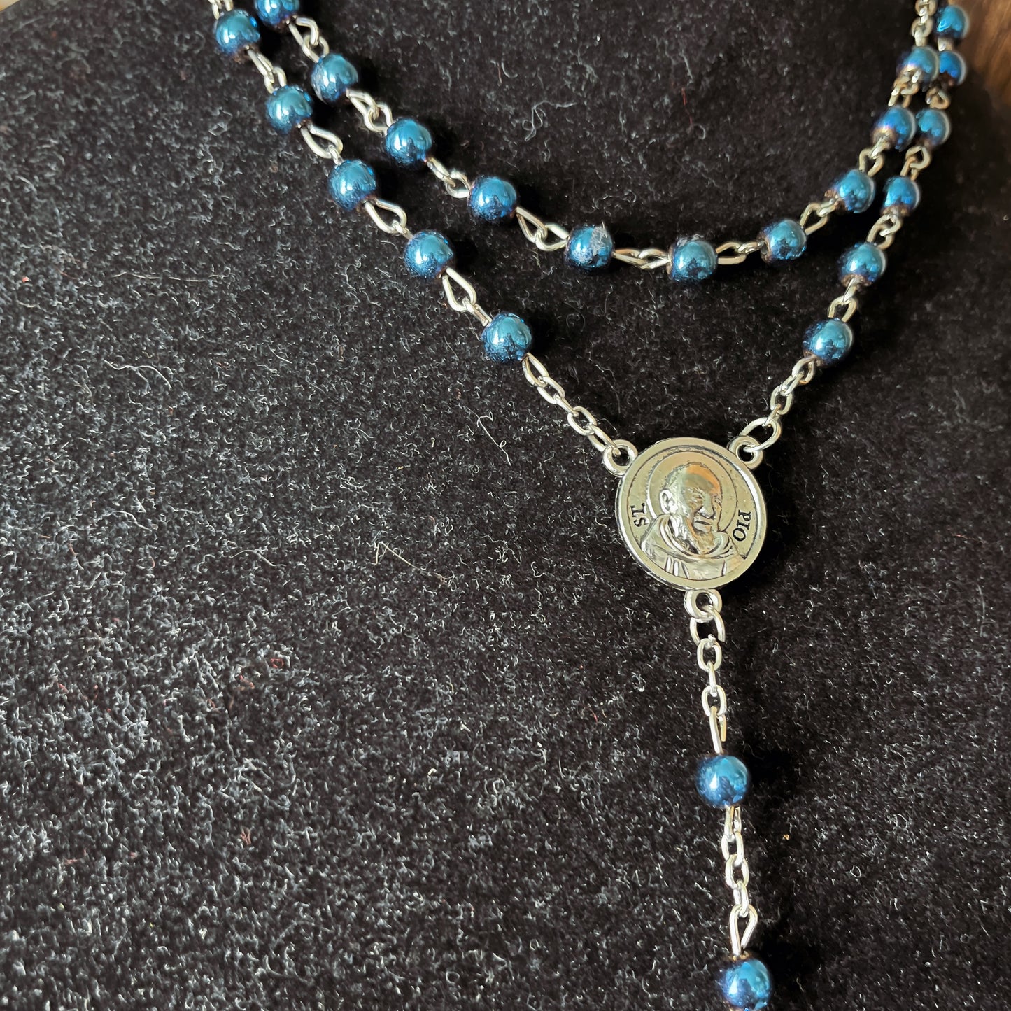 Blue Metal Bead Rosary Necklace — Ornate Silver Crucifix — 1990s Gothic