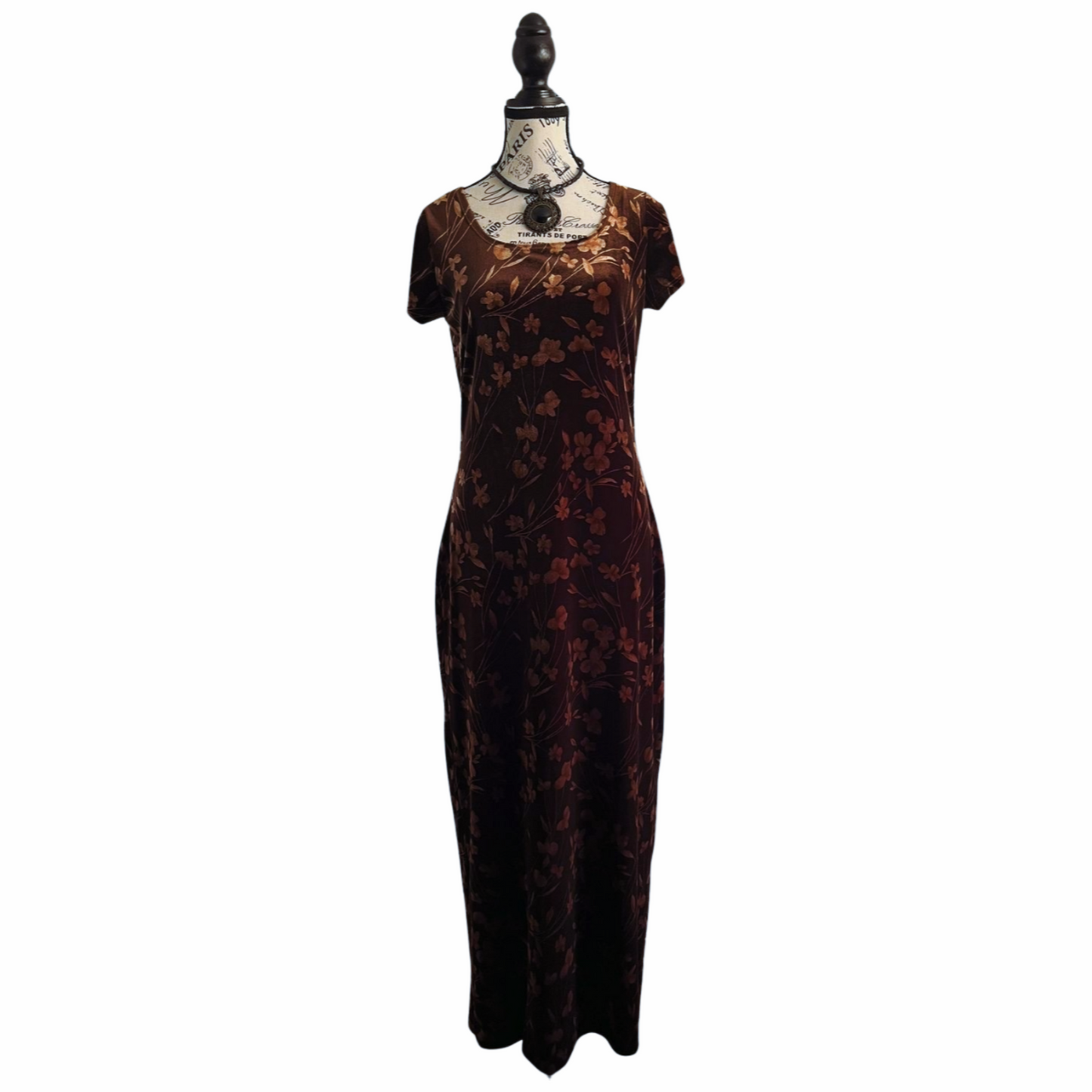Brown Velvet Shadowflower Maxi Dress — 1990s — M-L